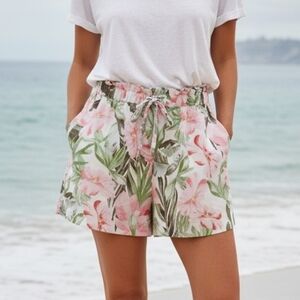 Tropical Floral Print Shorts, Elastic Waist W/ Drawstring, Front Pockets, and